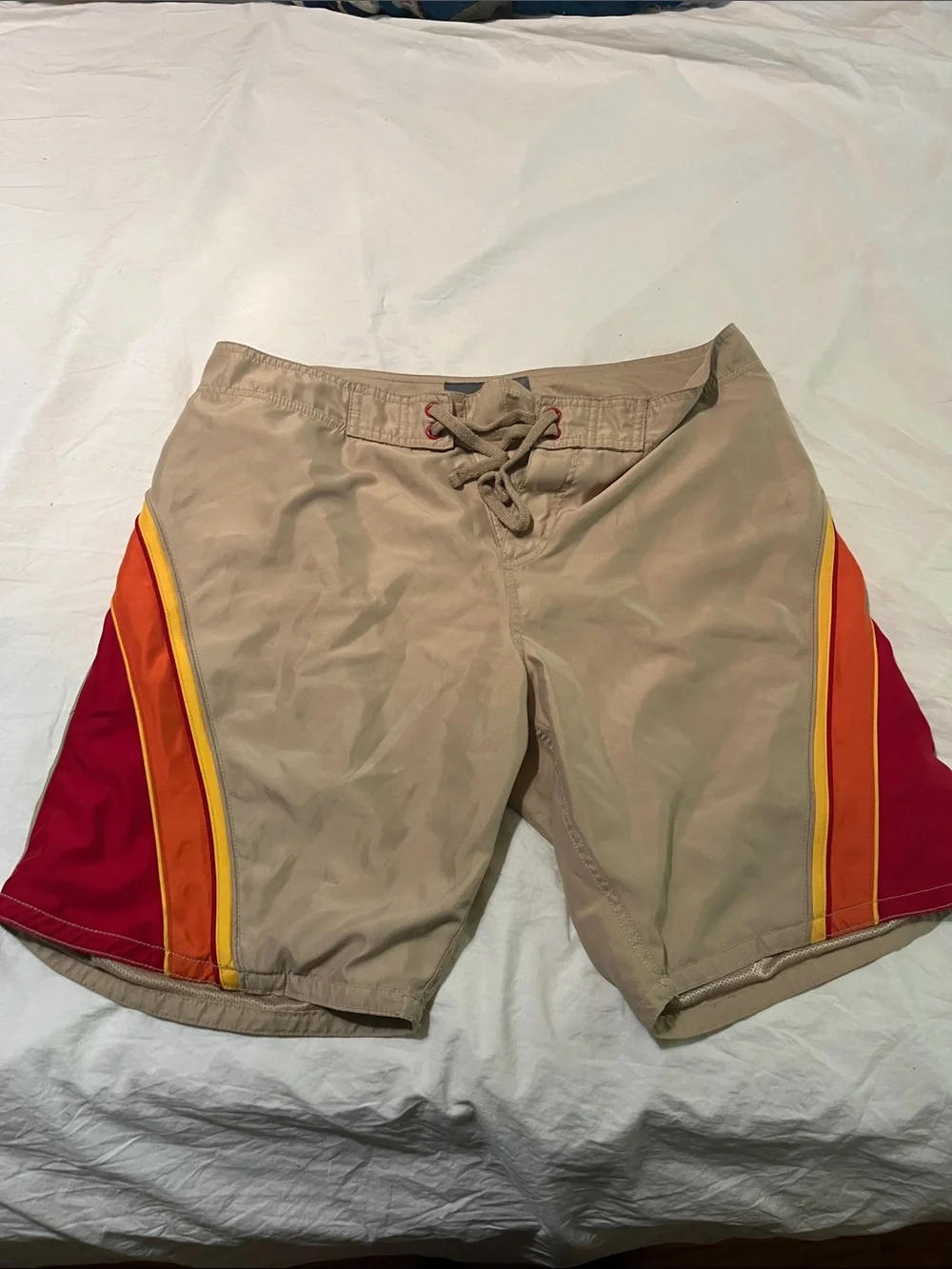 Old Navy Tan Swim Board Shorts with Red and Orange Stripes